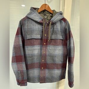 Prana Men's Hooded Plaid Jacket in plaid Blue and Burgundy